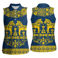 Sweden Daleclarian Horse Women Sleeveless Polo Shirt Floral Folk Pattern Blue Version