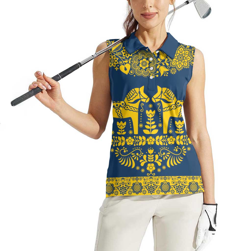 Sweden Daleclarian Horse Women Sleeveless Polo Shirt Floral Folk Pattern Blue Version
