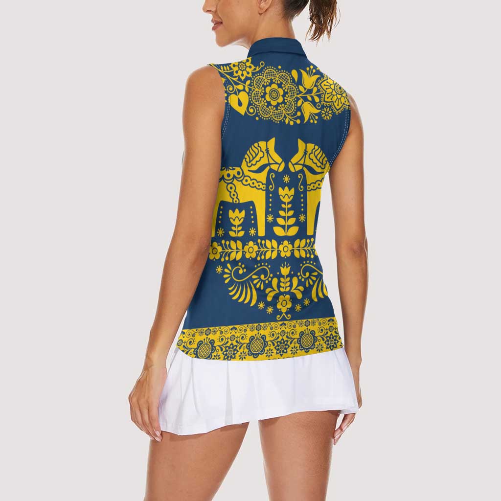 Sweden Daleclarian Horse Women Sleeveless Polo Shirt Floral Folk Pattern Blue Version
