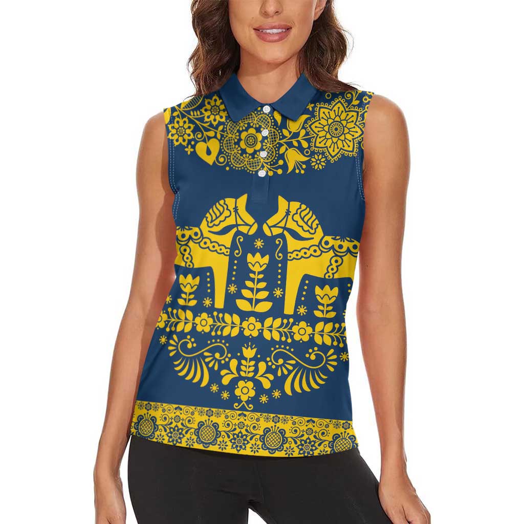 Sweden Daleclarian Horse Women Sleeveless Polo Shirt Floral Folk Pattern Blue Version