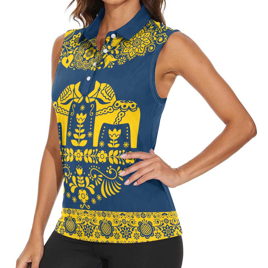 Sweden Daleclarian Horse Women Sleeveless Polo Shirt Floral Folk Pattern Blue Version