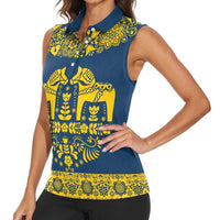 Sweden Daleclarian Horse Women Sleeveless Polo Shirt Floral Folk Pattern Blue Version