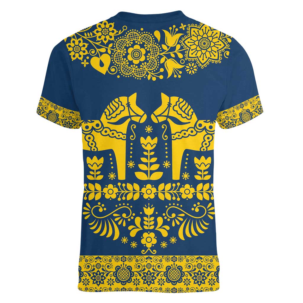 Sweden Daleclarian Horse Women V-Neck T-Shirt Floral Folk Pattern Blue Version