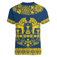 Sweden Daleclarian Horse Women V-Neck T-Shirt Floral Folk Pattern Blue Version