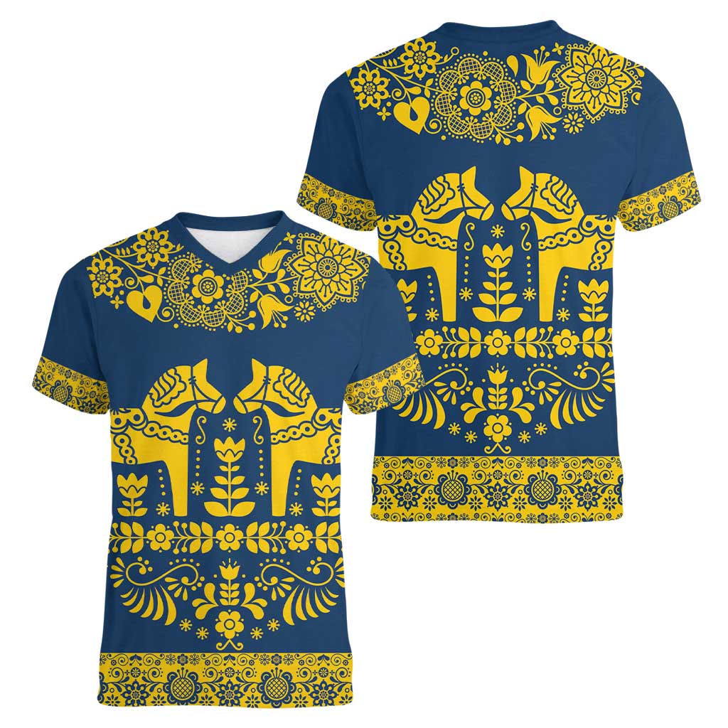Sweden Daleclarian Horse Women V-Neck T-Shirt Floral Folk Pattern Blue Version