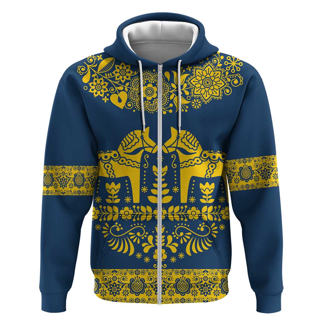 Sweden Daleclarian Horse Zip Hoodie Floral Folk Pattern Blue Version