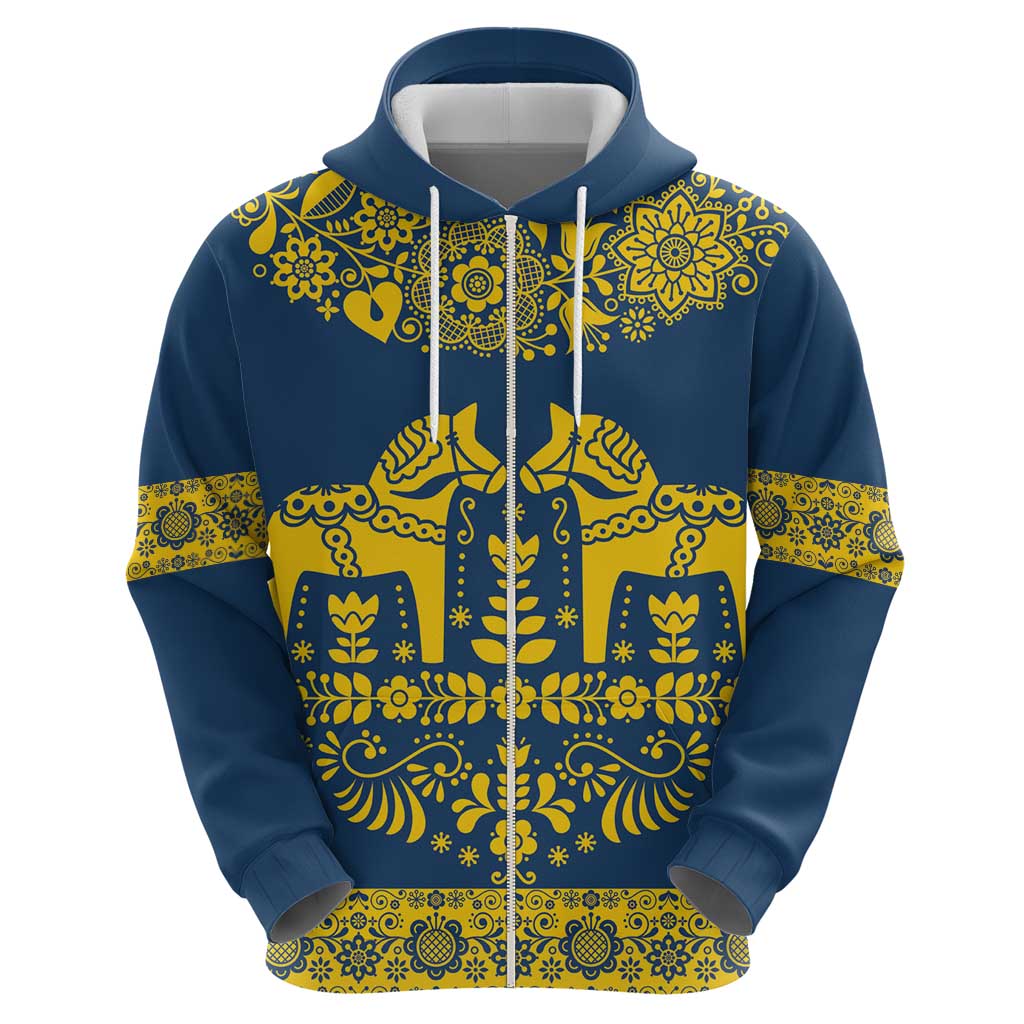 Sweden Daleclarian Horse Zip Hoodie Floral Folk Pattern Blue Version