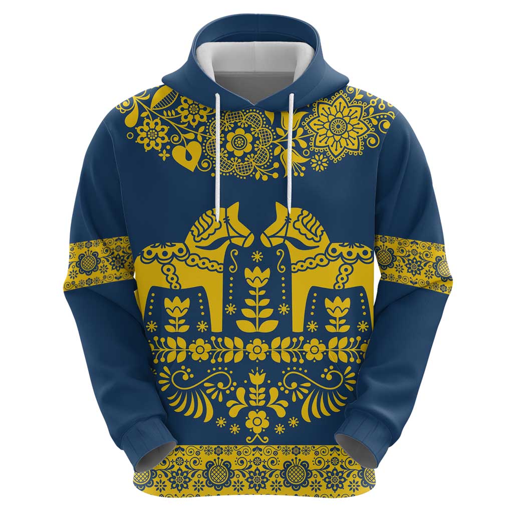 Sweden Daleclarian Horse Zip Hoodie Floral Folk Pattern Blue Version