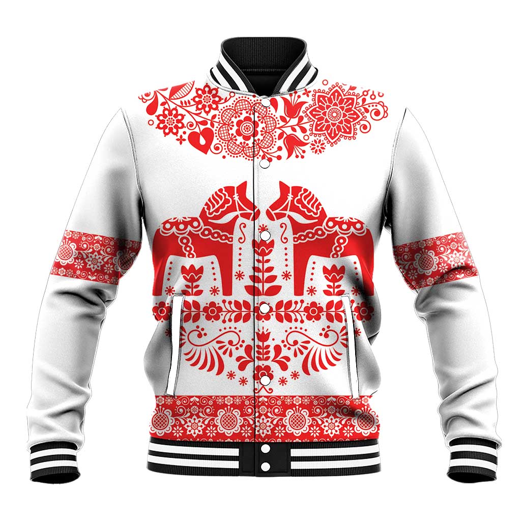 Sweden Daleclarian Horse Baseball Jacket Floral Folk Pattern White Version