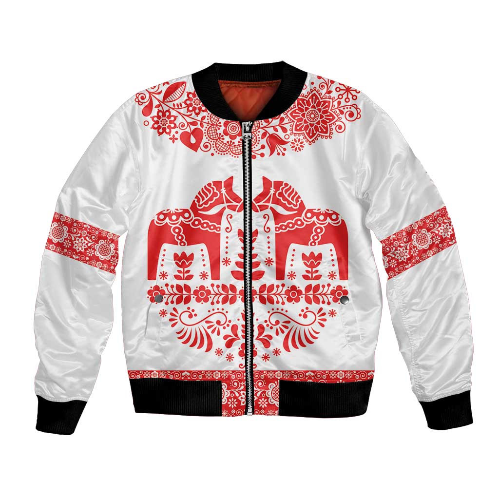 Sweden Daleclarian Horse Bomber Jacket Floral Folk Pattern White Version