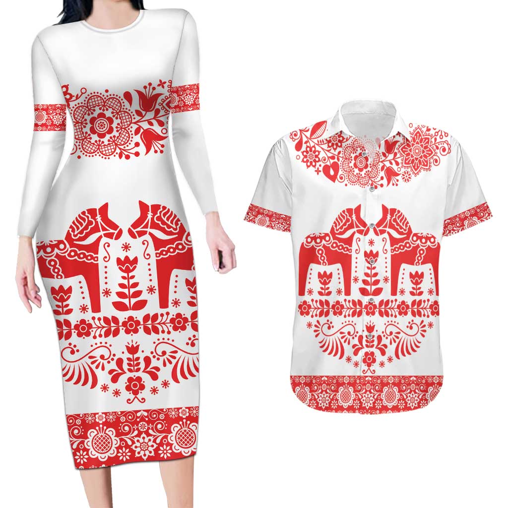 Sweden Daleclarian Horse Couples Matching Long Sleeve Bodycon Dress and Hawaiian Shirt Floral Folk Pattern White Version