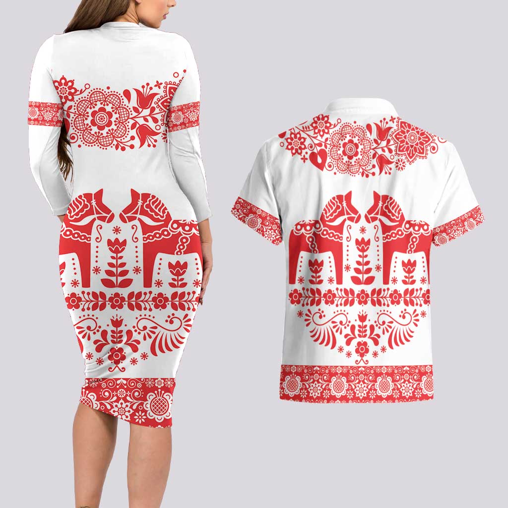 Sweden Daleclarian Horse Couples Matching Long Sleeve Bodycon Dress and Hawaiian Shirt Floral Folk Pattern White Version