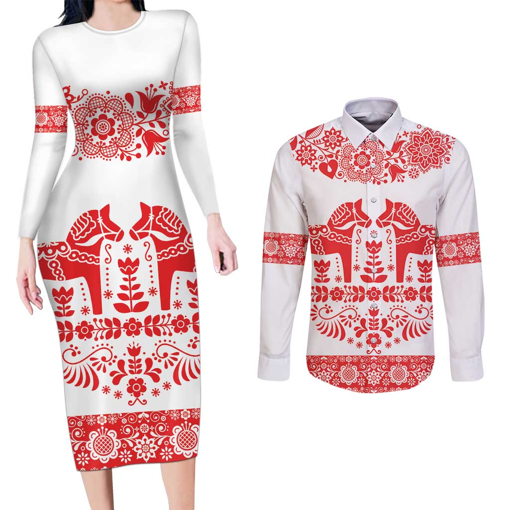 Sweden Daleclarian Horse Couples Matching Long Sleeve Bodycon Dress and Long Sleeve Button Shirt Floral Folk Pattern White Version