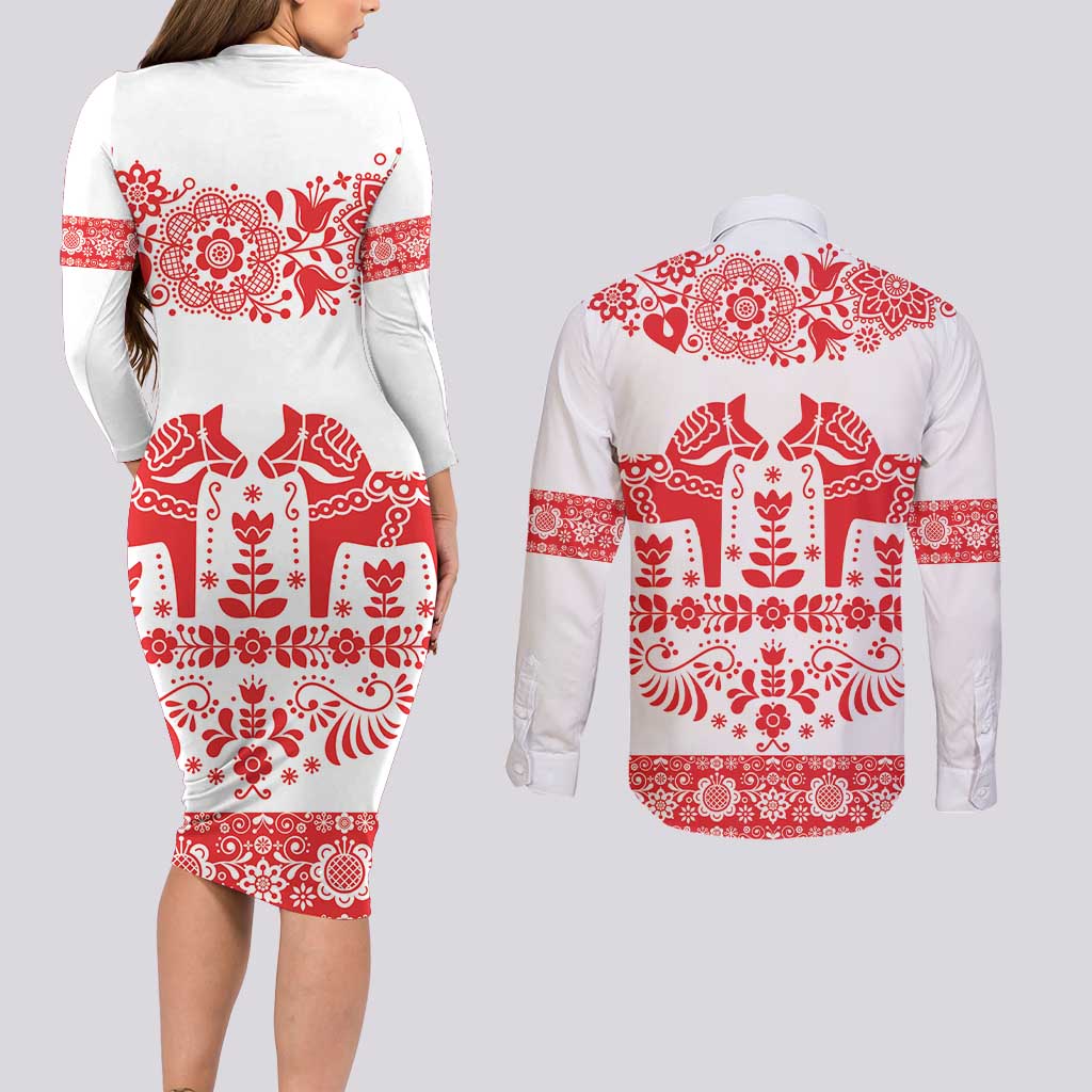 Sweden Daleclarian Horse Couples Matching Long Sleeve Bodycon Dress and Long Sleeve Button Shirt Floral Folk Pattern White Version