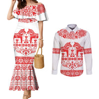 Sweden Daleclarian Horse Couples Matching Mermaid Dress and Long Sleeve Button Shirt Floral Folk Pattern White Version