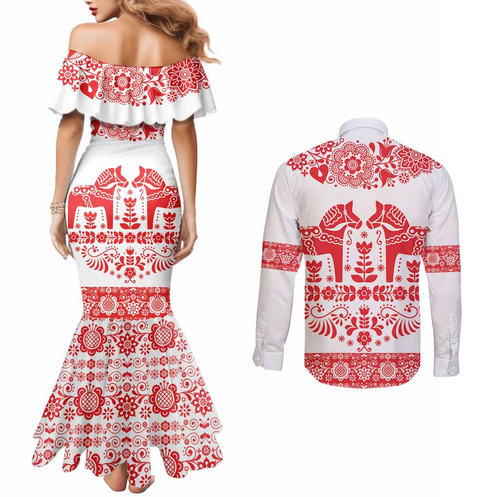 Sweden Daleclarian Horse Couples Matching Mermaid Dress and Long Sleeve Button Shirt Floral Folk Pattern White Version