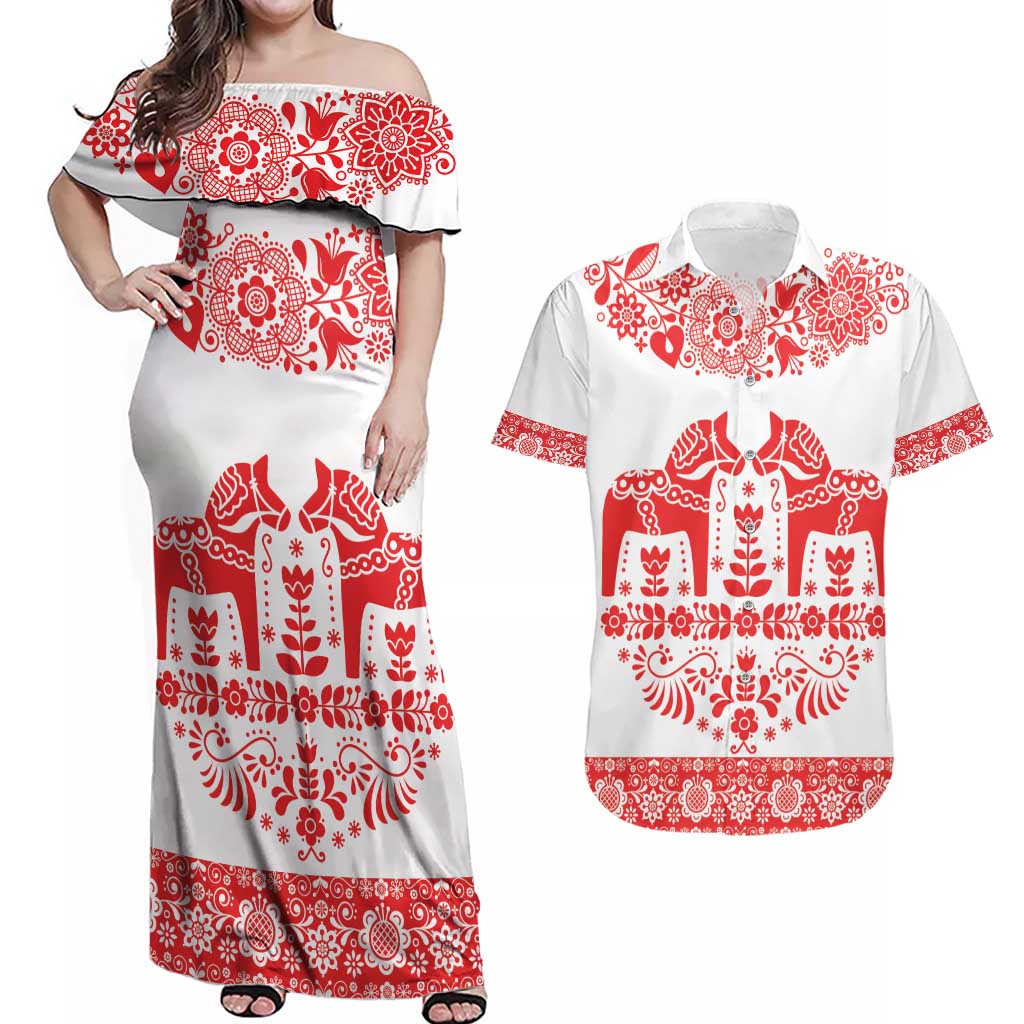 Sweden Daleclarian Horse Couples Matching Off Shoulder Maxi Dress and Hawaiian Shirt Floral Folk Pattern White Version