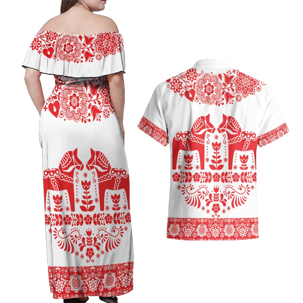 Sweden Daleclarian Horse Couples Matching Off Shoulder Maxi Dress and Hawaiian Shirt Floral Folk Pattern White Version