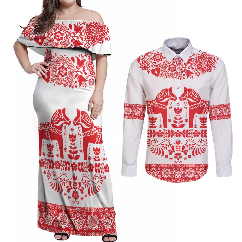 Sweden Daleclarian Horse Couples Matching Off Shoulder Maxi Dress and Long Sleeve Button Shirt Floral Folk Pattern White Version