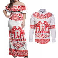 Sweden Daleclarian Horse Couples Matching Off Shoulder Maxi Dress and Long Sleeve Button Shirt Floral Folk Pattern White Version