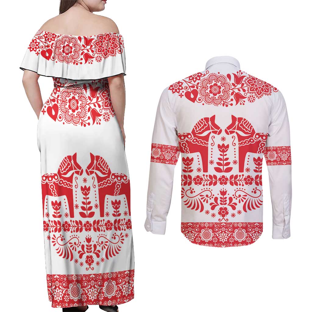 Sweden Daleclarian Horse Couples Matching Off Shoulder Maxi Dress and Long Sleeve Button Shirt Floral Folk Pattern White Version
