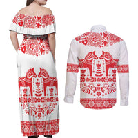 Sweden Daleclarian Horse Couples Matching Off Shoulder Maxi Dress and Long Sleeve Button Shirt Floral Folk Pattern White Version