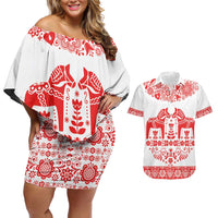 Sweden Daleclarian Horse Couples Matching Off Shoulder Short Dress and Hawaiian Shirt Floral Folk Pattern White Version