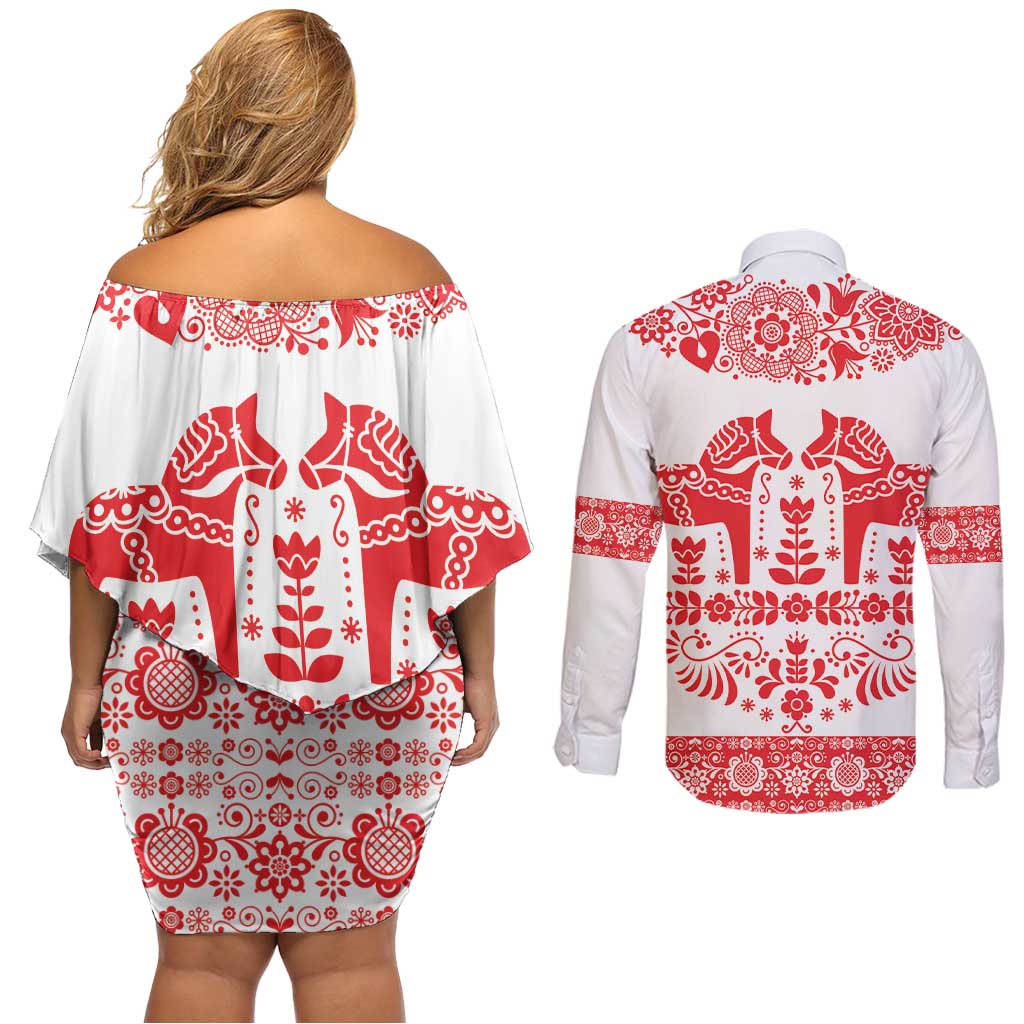 Sweden Daleclarian Horse Couples Matching Off Shoulder Short Dress and Long Sleeve Button Shirt Floral Folk Pattern White Version
