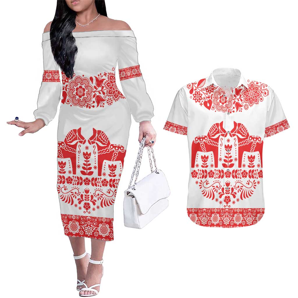 Sweden Daleclarian Horse Couples Matching Off The Shoulder Long Sleeve Dress and Hawaiian Shirt Floral Folk Pattern White Version