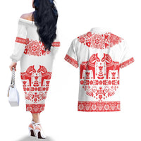 Sweden Daleclarian Horse Couples Matching Off The Shoulder Long Sleeve Dress and Hawaiian Shirt Floral Folk Pattern White Version