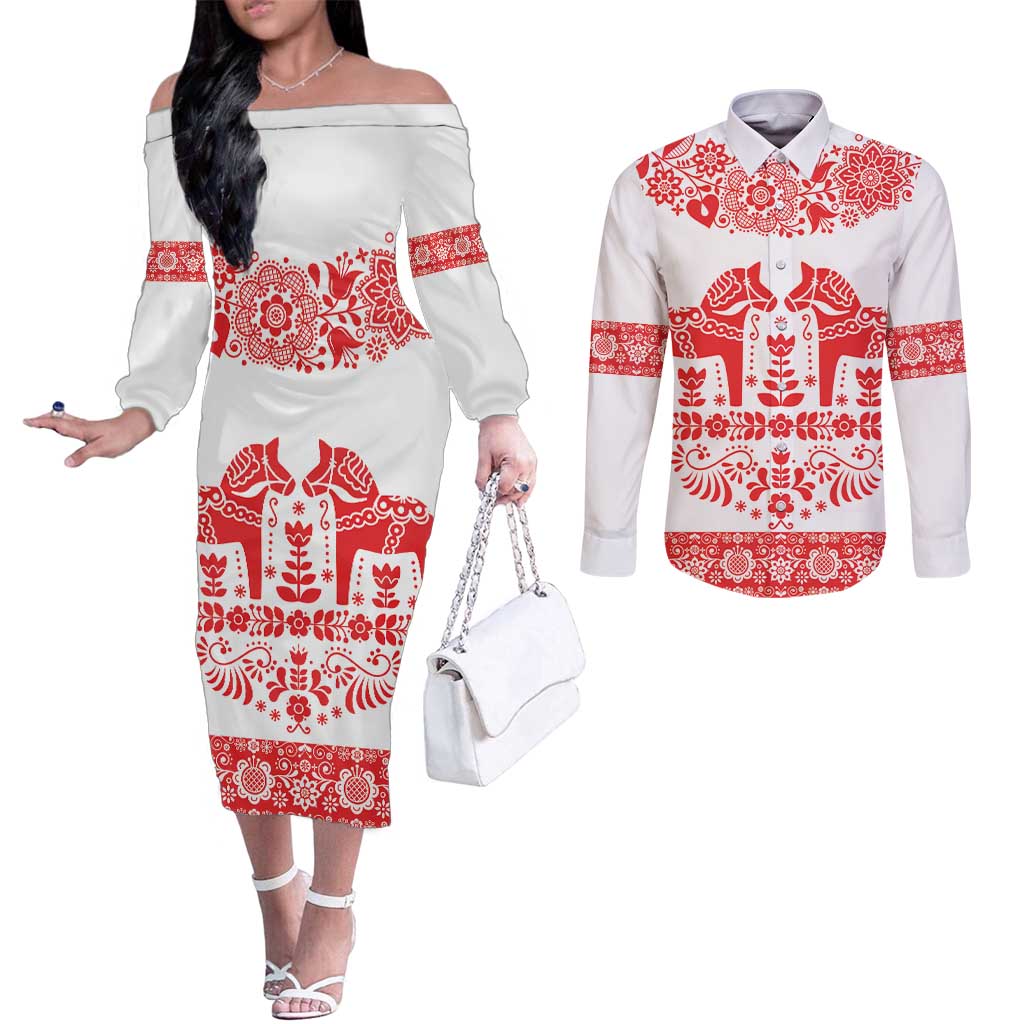 Sweden Daleclarian Horse Couples Matching Off The Shoulder Long Sleeve Dress and Long Sleeve Button Shirt Floral Folk Pattern White Version