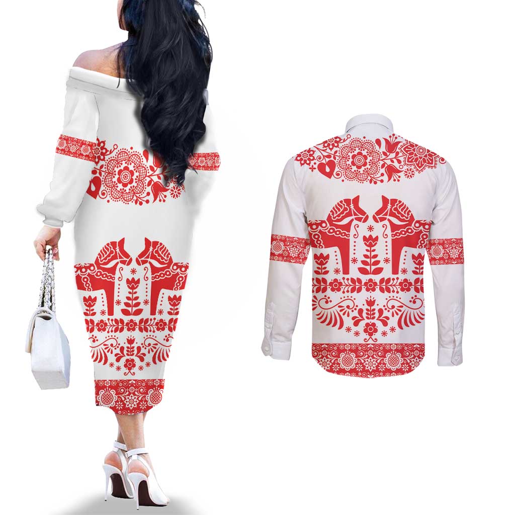 Sweden Daleclarian Horse Couples Matching Off The Shoulder Long Sleeve Dress and Long Sleeve Button Shirt Floral Folk Pattern White Version
