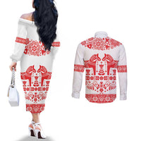 Sweden Daleclarian Horse Couples Matching Off The Shoulder Long Sleeve Dress and Long Sleeve Button Shirt Floral Folk Pattern White Version