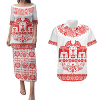 Sweden Daleclarian Horse Couples Matching Puletasi and Hawaiian Shirt Floral Folk Pattern White Version