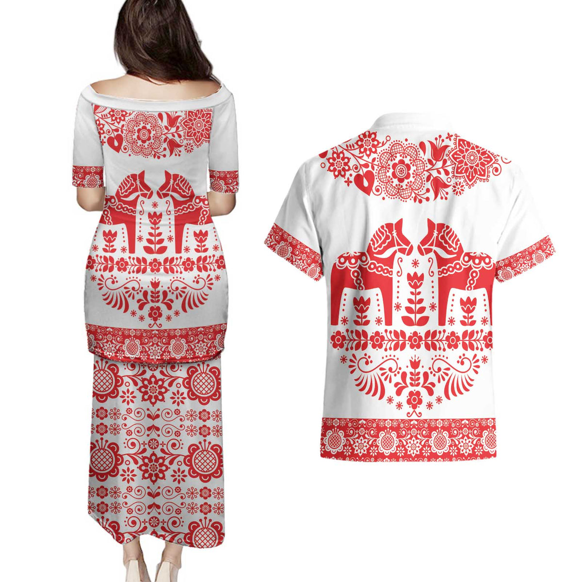 Sweden Daleclarian Horse Couples Matching Puletasi and Hawaiian Shirt Floral Folk Pattern White Version