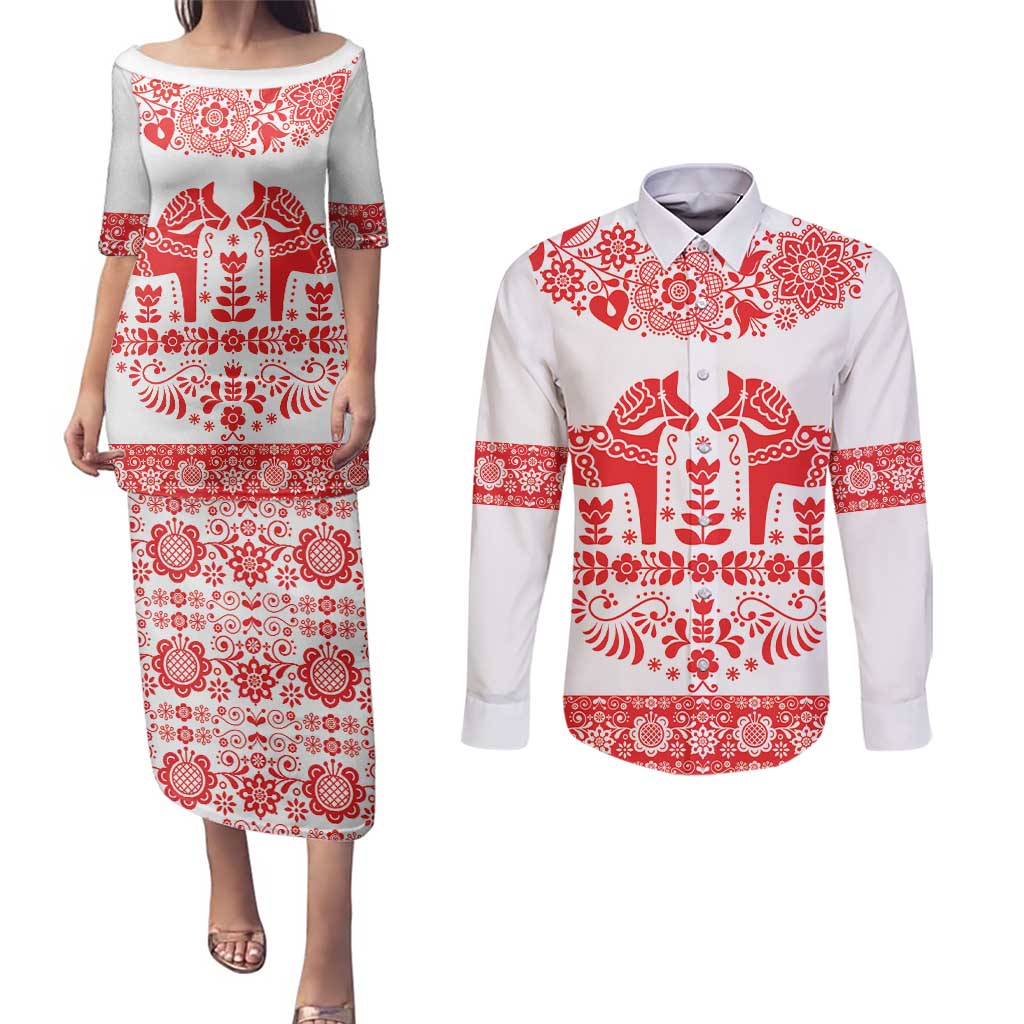 Sweden Daleclarian Horse Couples Matching Puletasi and Long Sleeve Button Shirt Floral Folk Pattern White Version