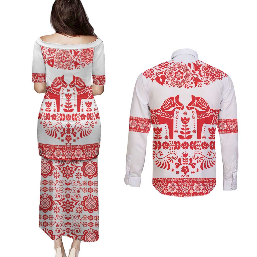 Sweden Daleclarian Horse Couples Matching Puletasi and Long Sleeve Button Shirt Floral Folk Pattern White Version