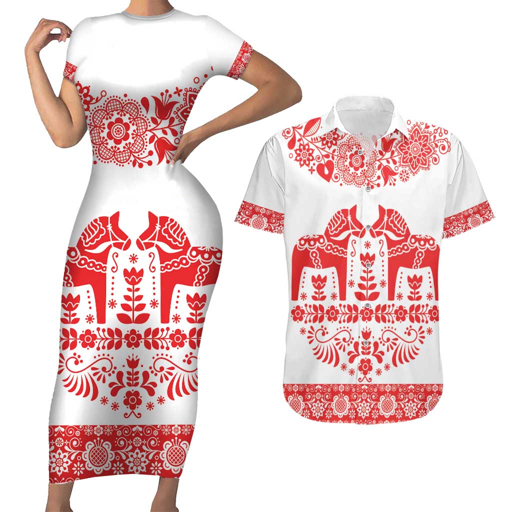 Sweden Daleclarian Horse Couples Matching Short Sleeve Bodycon Dress and Hawaiian Shirt Floral Folk Pattern White Version