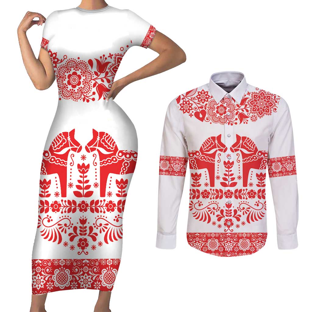 Sweden Daleclarian Horse Couples Matching Short Sleeve Bodycon Dress and Long Sleeve Button Shirt Floral Folk Pattern White Version
