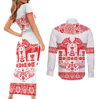 Sweden Daleclarian Horse Couples Matching Short Sleeve Bodycon Dress and Long Sleeve Button Shirt Floral Folk Pattern White Version