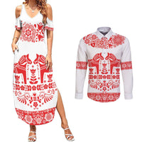 Sweden Daleclarian Horse Couples Matching Summer Maxi Dress and Long Sleeve Button Shirt Floral Folk Pattern White Version
