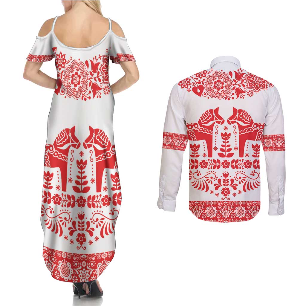 Sweden Daleclarian Horse Couples Matching Summer Maxi Dress and Long Sleeve Button Shirt Floral Folk Pattern White Version