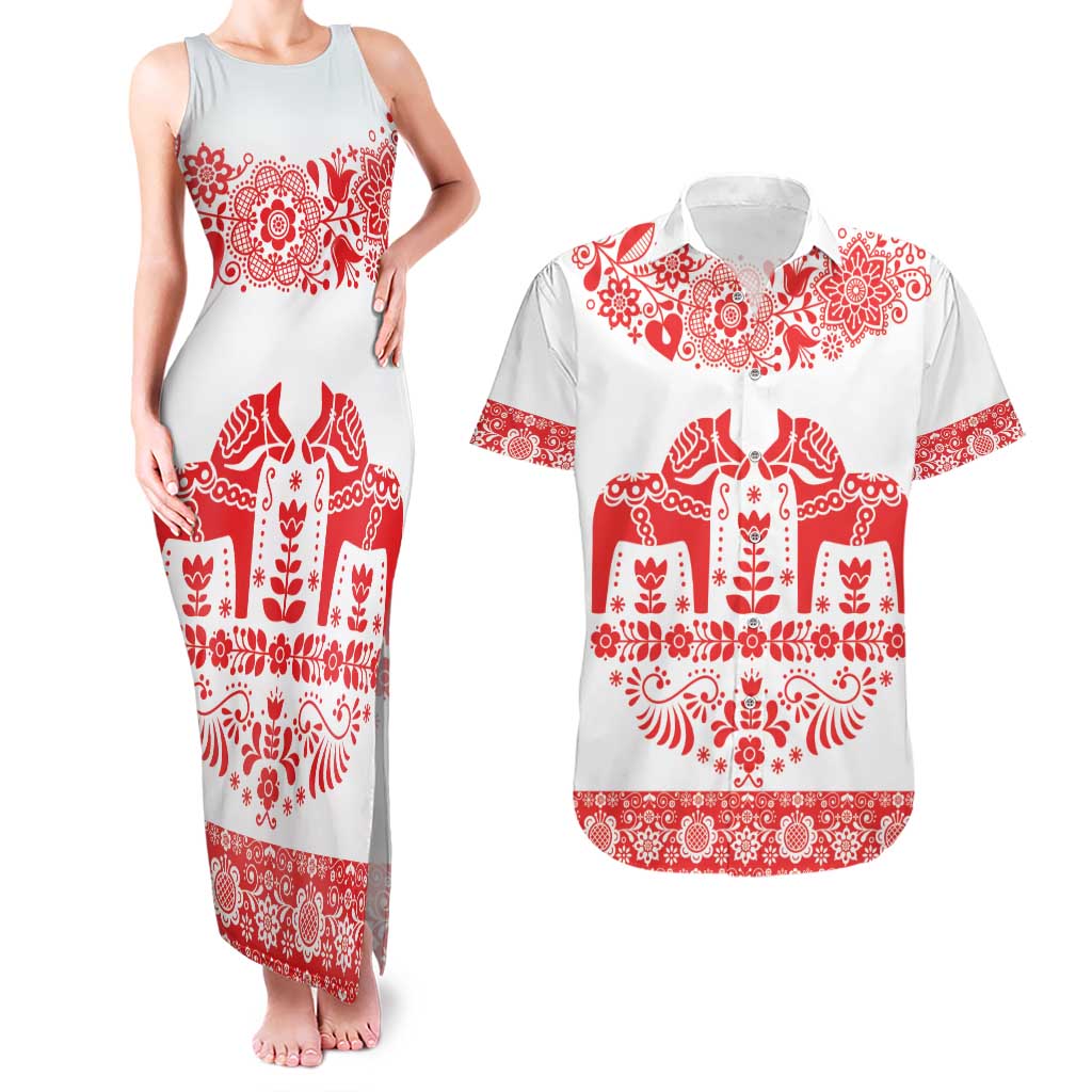 Sweden Daleclarian Horse Couples Matching Tank Maxi Dress and Hawaiian Shirt Floral Folk Pattern White Version