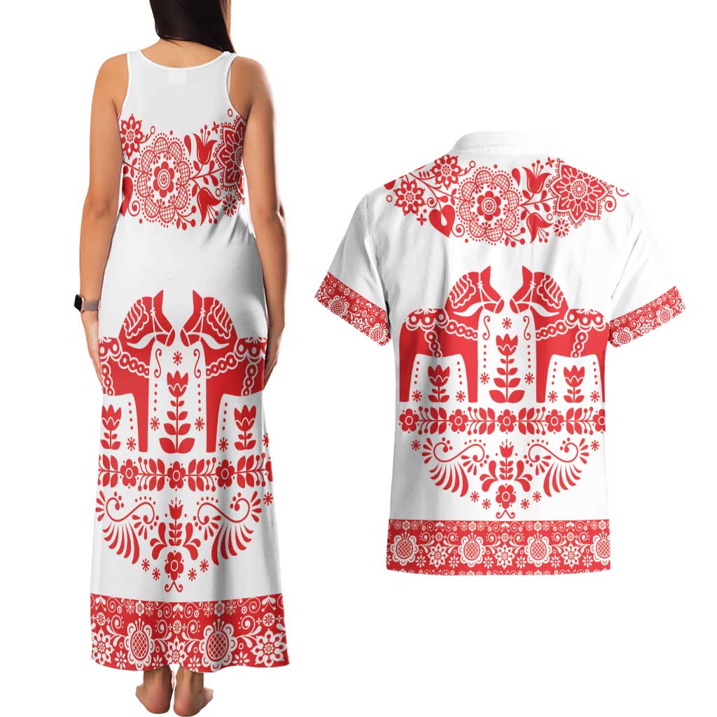 Sweden Daleclarian Horse Couples Matching Tank Maxi Dress and Hawaiian Shirt Floral Folk Pattern White Version