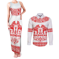 Sweden Daleclarian Horse Couples Matching Tank Maxi Dress and Long Sleeve Button Shirt Floral Folk Pattern White Version