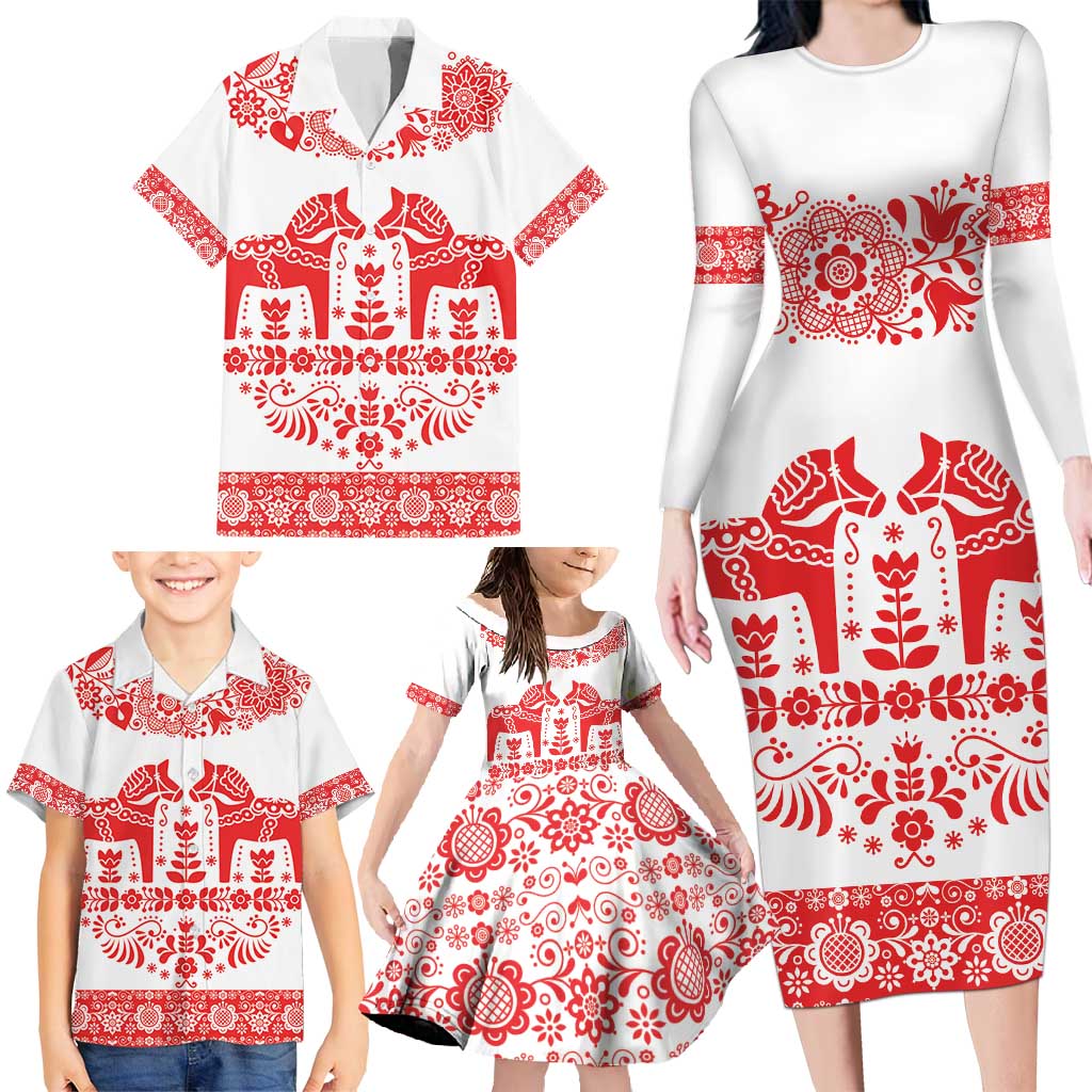 Sweden Daleclarian Horse Family Matching Long Sleeve Bodycon Dress and Hawaiian Shirt Floral Folk Pattern White Version