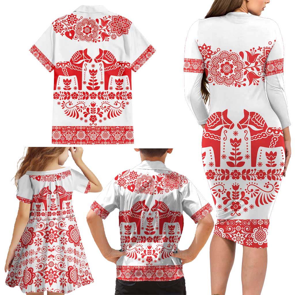 Sweden Daleclarian Horse Family Matching Long Sleeve Bodycon Dress and Hawaiian Shirt Floral Folk Pattern White Version