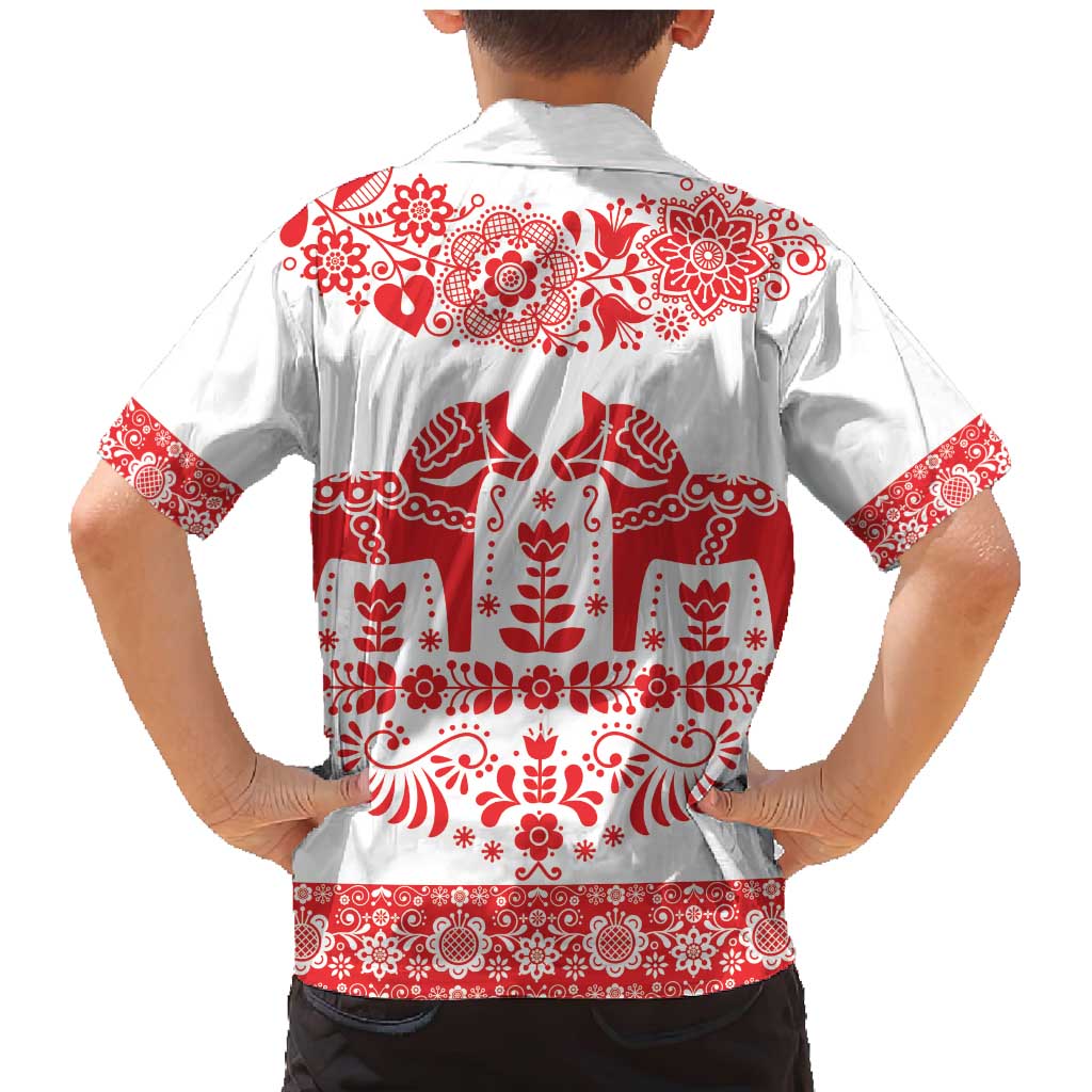 Sweden Daleclarian Horse Family Matching Mermaid Dress and Hawaiian Shirt Floral Folk Pattern White Version