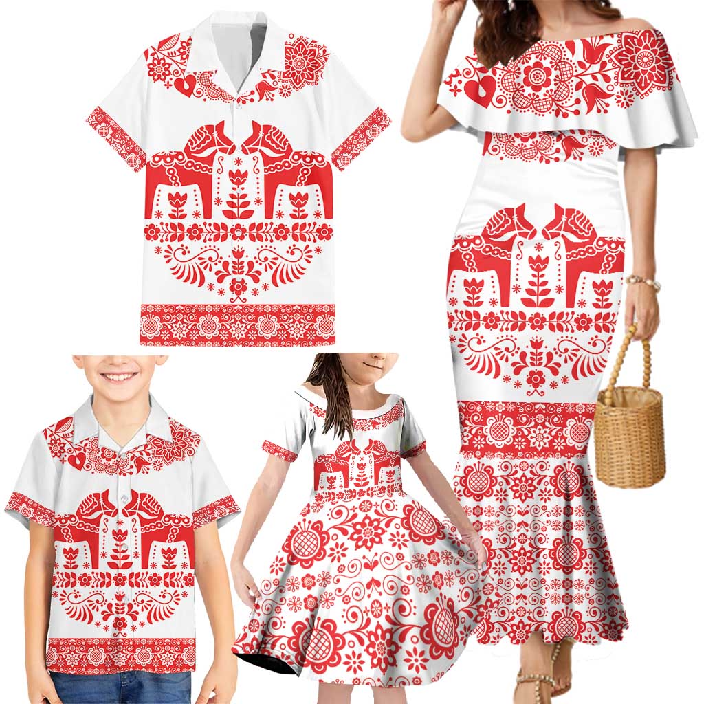 Sweden Daleclarian Horse Family Matching Mermaid Dress and Hawaiian Shirt Floral Folk Pattern White Version