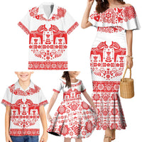 Sweden Daleclarian Horse Family Matching Mermaid Dress and Hawaiian Shirt Floral Folk Pattern White Version